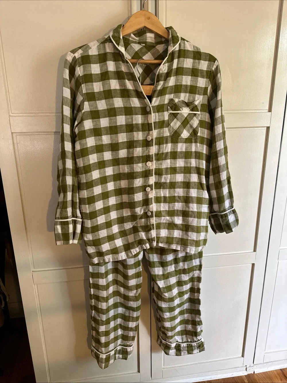 Serena & Lily Hyannis Linen Pajamas Set in Checker Grove Green womens size M